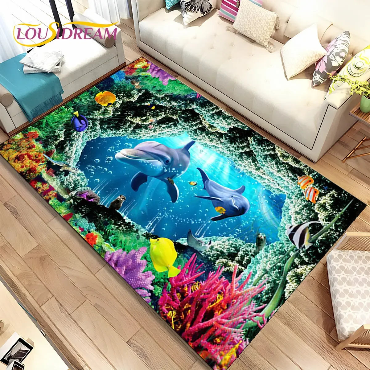 Navak Carpet 3D Illusion Seabed Underwater World Dolphin Shark Area Rug,Carpet Rug for Living Room Bedroom Sofa Doormat,Non-slip Floor Mat