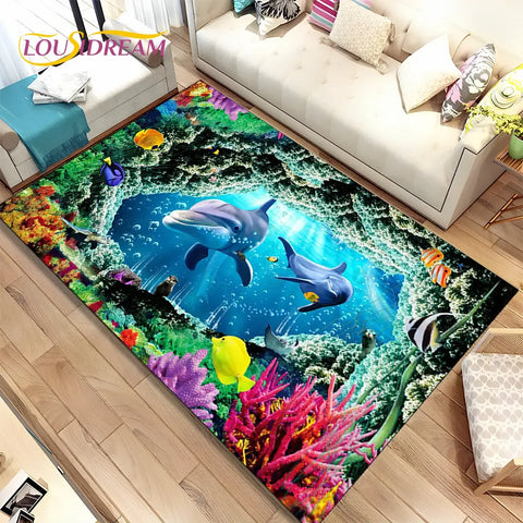 Navak Carpet 3D Illusion Seabed Underwater World Dolphin Shark Area Rug,Carpet Rug for Living Room Bedroom Sofa Doormat,Non-slip Floor Mat