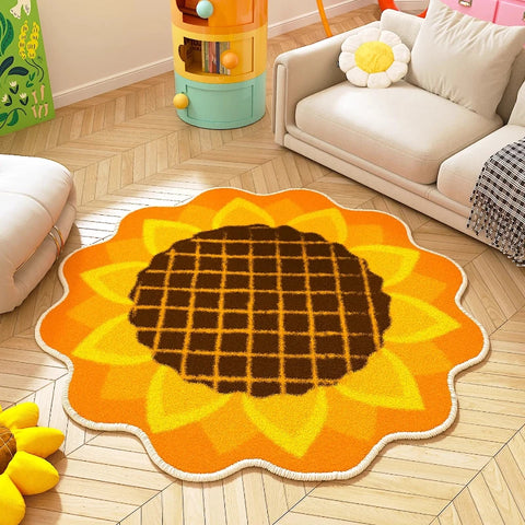 Navak Carpet Sunflower Pattern Bedroom Decor Round Carpet Thicken Plush Lounge Mat Fluffy Soft Study Rug Flower Shape Carpets for Living Room
