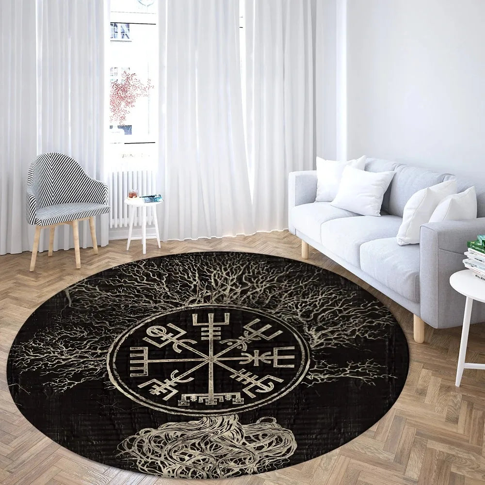 Navak Carpet World Tree Round Area Viking Norse Mythology Print Round Rug Living Room Bedroom Floor Mat Game Room