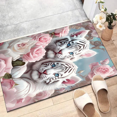 Navak Carpet 1pc White Tiger and Rose Pattern Area Rug - Polyester, Non-Slip, Machine Washable, Comfortable Chair Mat for Living Room,