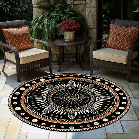 Navak Carpet African Geometric Round Rug, Durable Polyester, Fade-Resistant & Washable, Mystical Ethnic Design, for Bedroom/Living Room