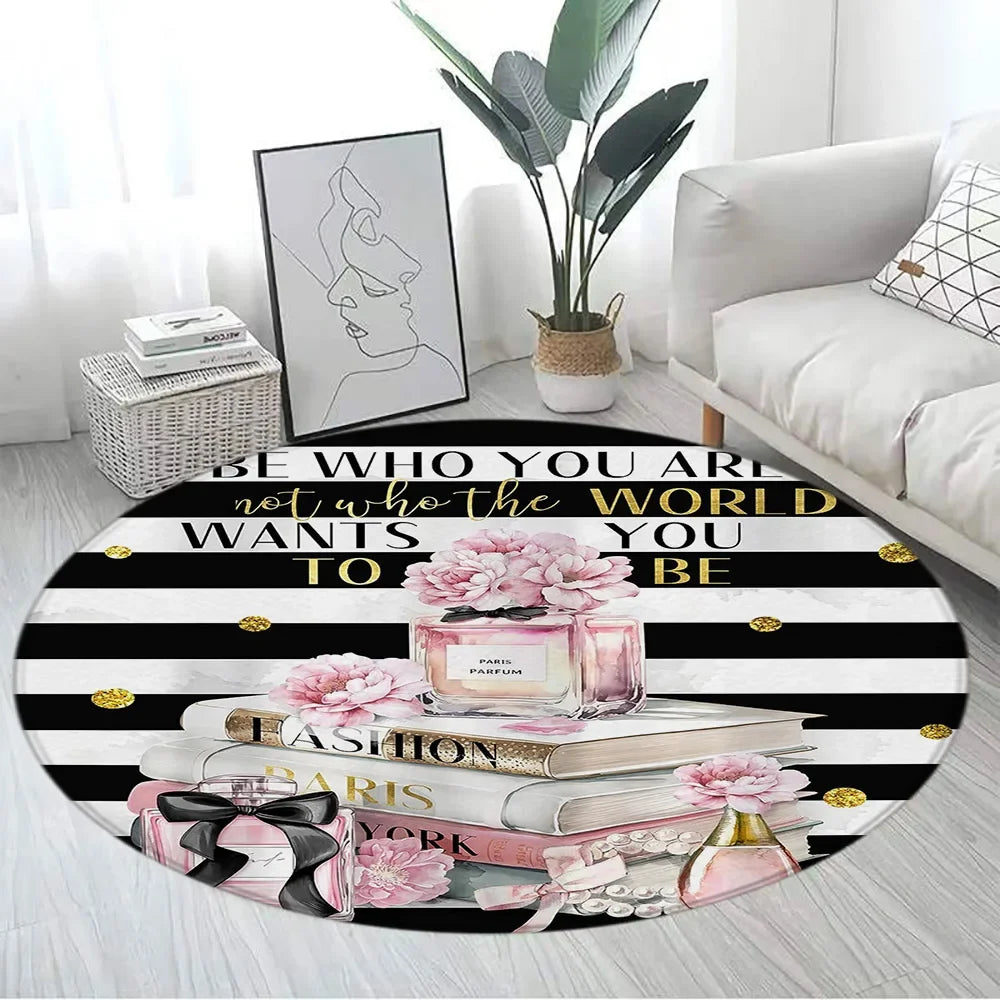 Navak Carpet Pink Floral Perfume Round Carpet Fashion Magazine Black and White Stripe Home Rugs Living Room Decor Girls Bedroom Rug Floor Mat
