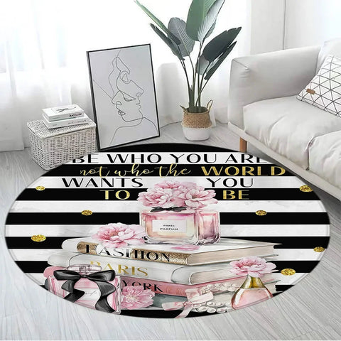 Navak Carpet Pink Floral Perfume Round Carpet Fashion Magazine Black and White Stripe Home Rugs Living Room Decor Girls Bedroom Rug Floor Mat