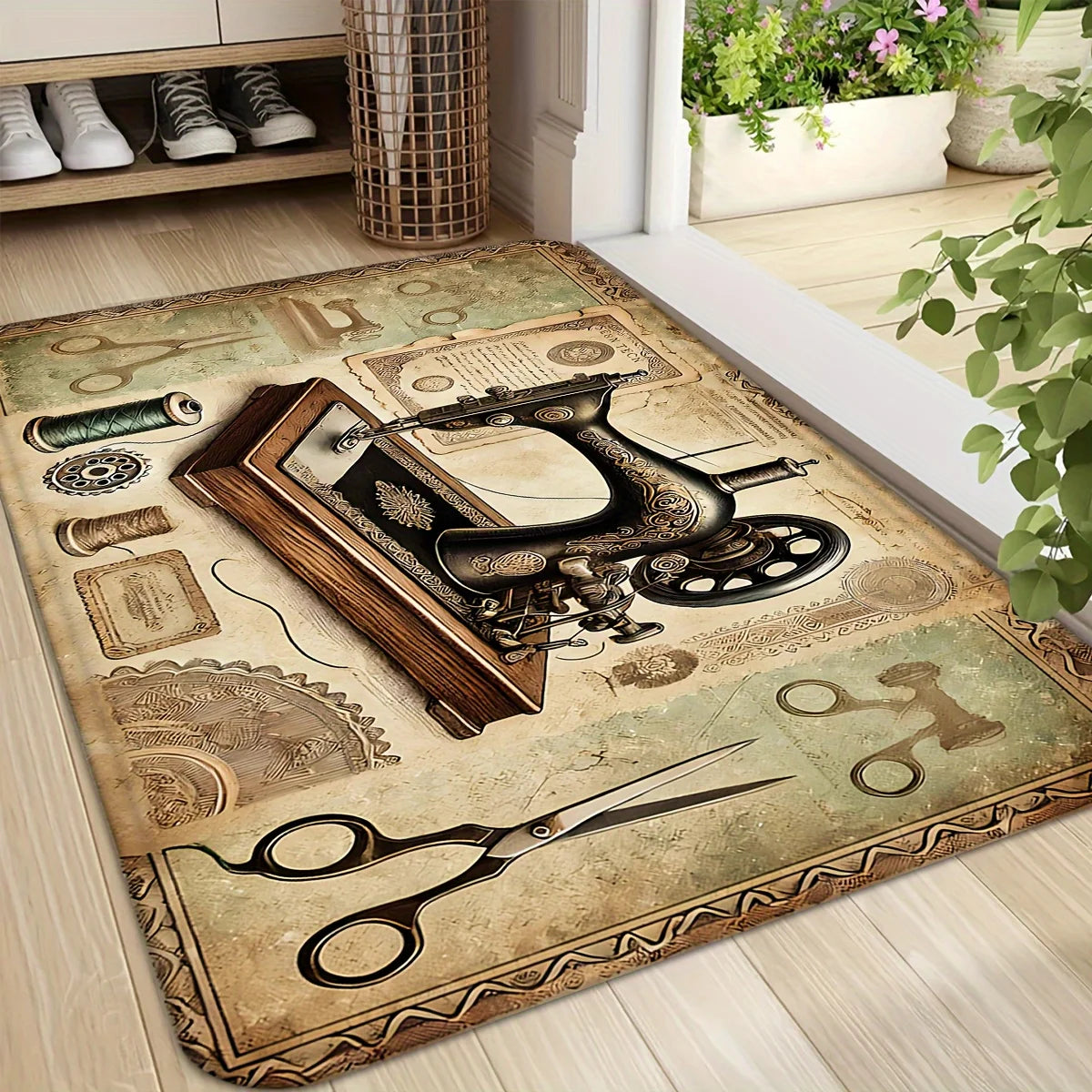 Navak Carpet Retro Door Mat Sewing Machine and Scissor Design Anti Slip Polyester Rug Suitable for Living Room and Bedroom Decoration Carpet