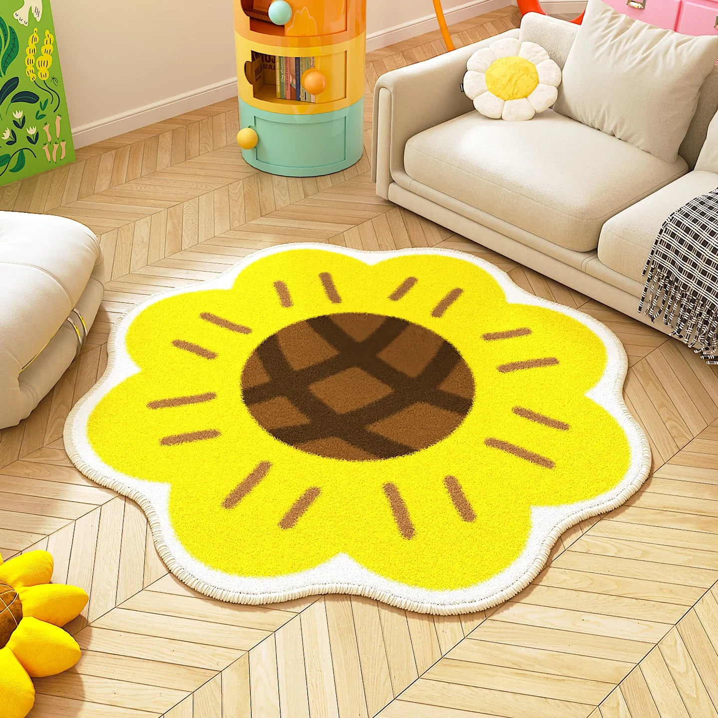 Navak Carpet Sunflower Pattern Bedroom Decor Round Carpet Thicken Plush Lounge Mat Fluffy Soft Study Rug Flower Shape Carpets for Living Room