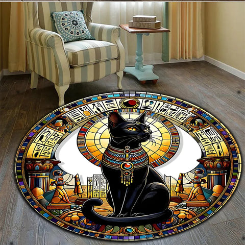 Navak Carpet A Round, Easy-To-Clean Area Rug Featuring an Egyptian Bastet Cat Design, Suitable for Living Spaces, Bedrooms, Living Rooms, Kit