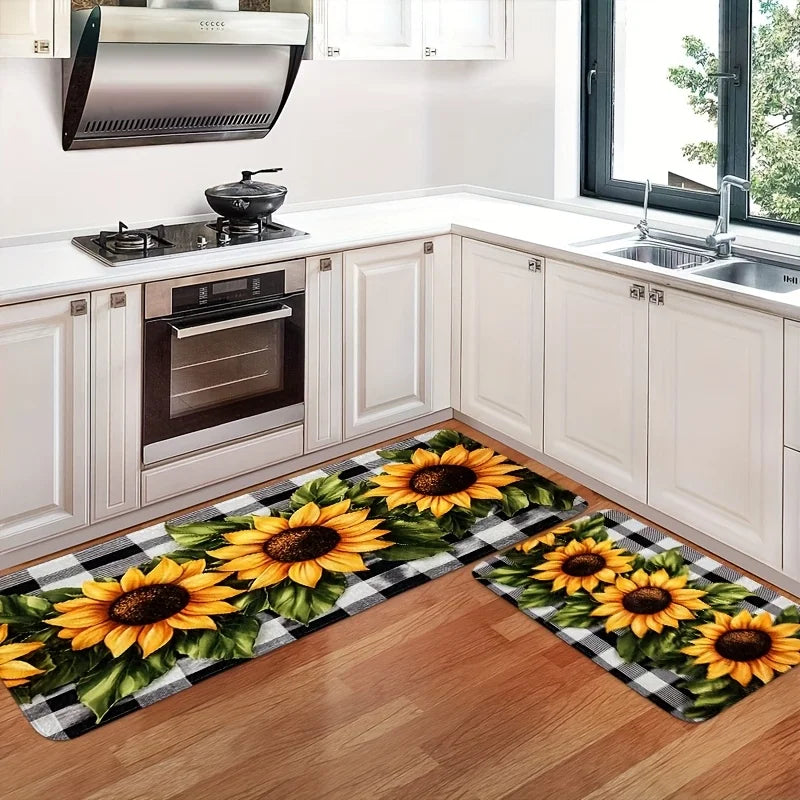 Navak Carpet Sunflower Buffalo Plaid Kitchen Mat Decor Non-slip Hallway Balcony Laundry Rugs Bathroom Door Mat Bedroom Floor Mat Decor