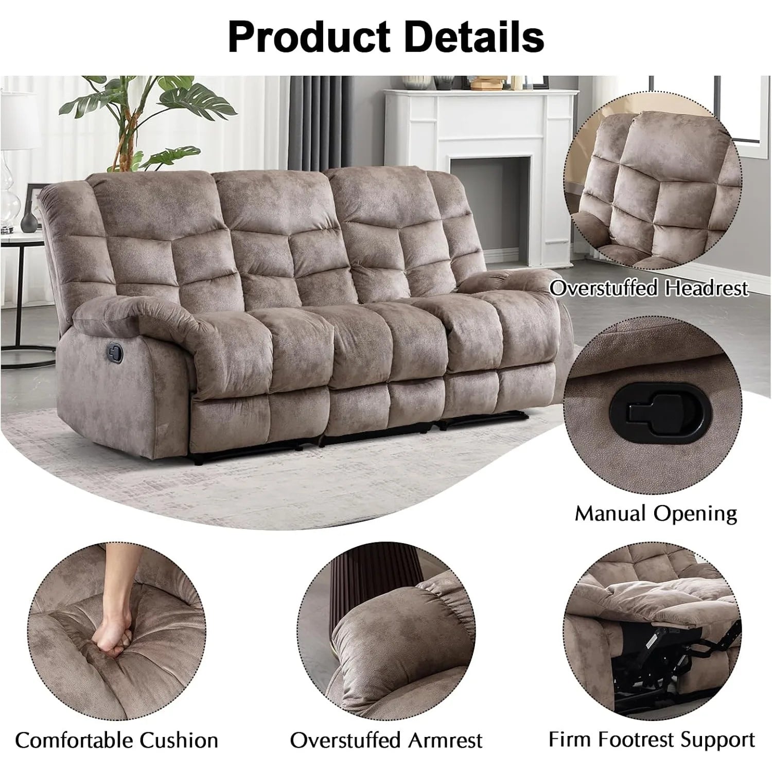 Navak Carpet Manual Reclining Sofa, 3 Seat Recliner Sofa with Armrest and Overstuffed Backrest, Couch Set for Living Room, Bedroom