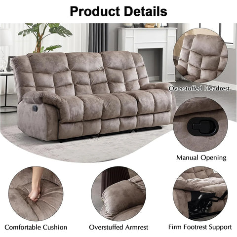 Navak Carpet Manual Reclining Sofa, 3 Seat Recliner Sofa with Armrest and Overstuffed Backrest, Couch Set for Living Room, Bedroom