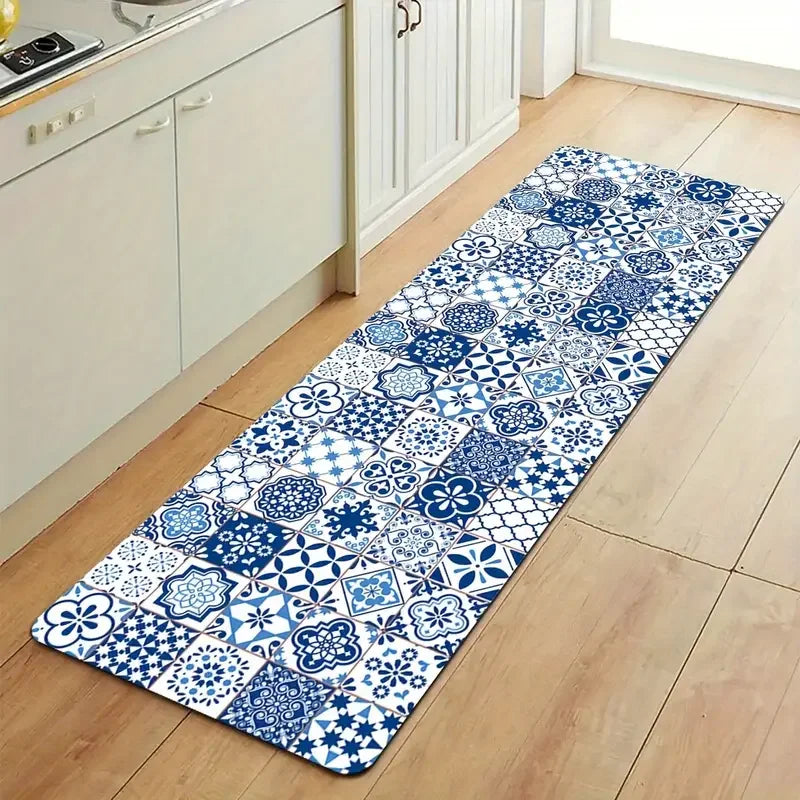 Navak Carpet Modern Blue Ceramic Tile Kitchen Floor Mat Decor Kitchen Corridor Balcony Rug Laundry Room Mat Bathroom Anti-slip Doormat Decor