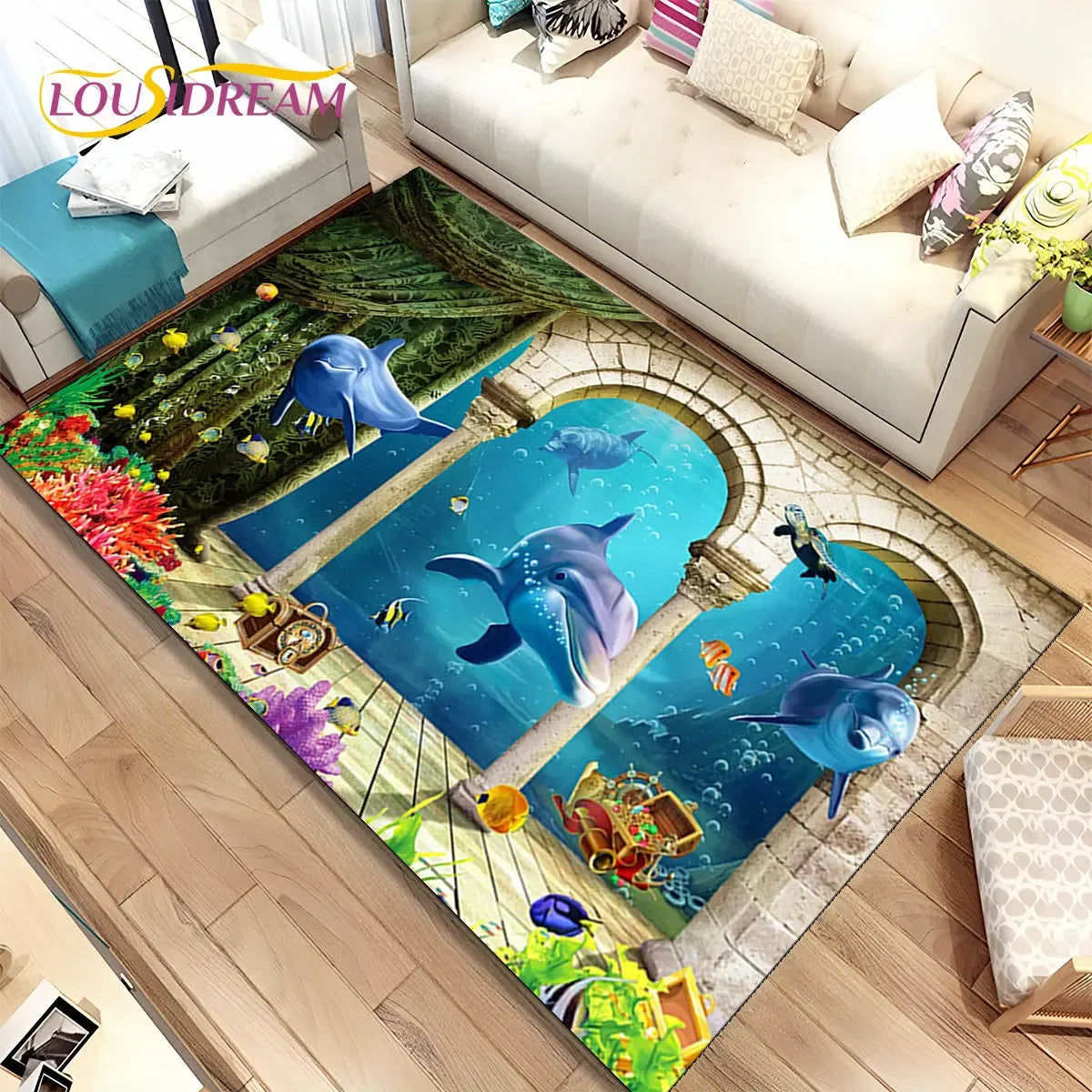 Navak Carpet 3D Illusion Seabed Underwater World Dolphin Shark Area Rug,Carpet Rug for Living Room Bedroom Sofa Doormat,Non-slip Floor Mat