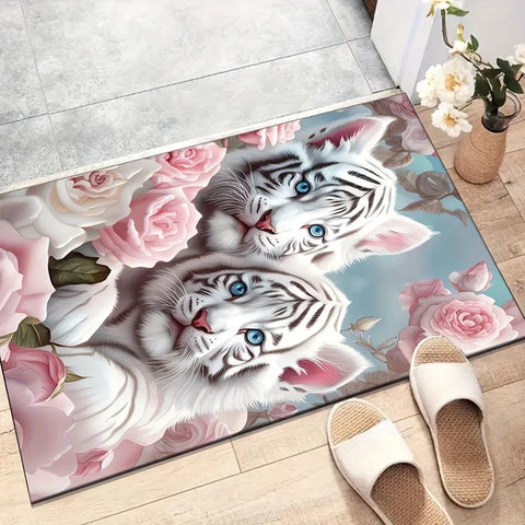 Navak Carpet 1pc White Tiger and Rose Pattern Area Rug - Polyester, Non-Slip, Machine Washable, Comfortable Chair Mat for Living Room,