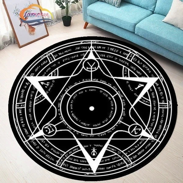Navak Carpet Pentagram sun Patterned Round Carpet, Satan Devil's Trap Rug, White  on Black  Supernatural  Rune carpet