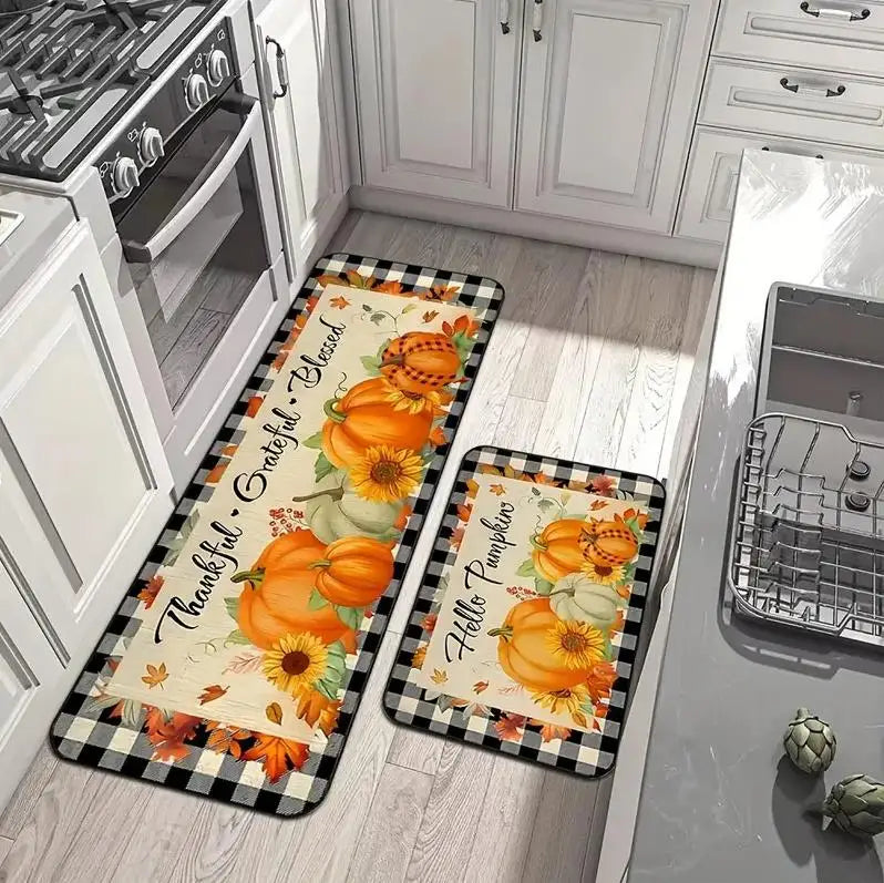 Navak Carpet Autumn Pumpkin Maple Leaf Buffalo Plaid Kitchen Mats Decor Anti-slip Corridor Balcony Rugs Bathroon Doormat Thanksgiving Decor