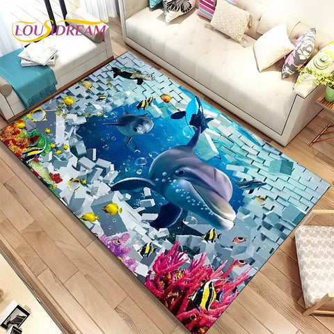 Navak Carpet 3D Illusion Seabed Underwater World Dolphin Shark Area Rug,Carpet Rug for Living Room Bedroom Sofa Doormat,Non-slip Floor Mat