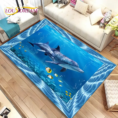 Navak Carpet 3D Illusion Seabed Underwater World Dolphin Shark Area Rug,Carpet Rug for Living Room Bedroom Sofa Doormat,Non-slip Floor Mat