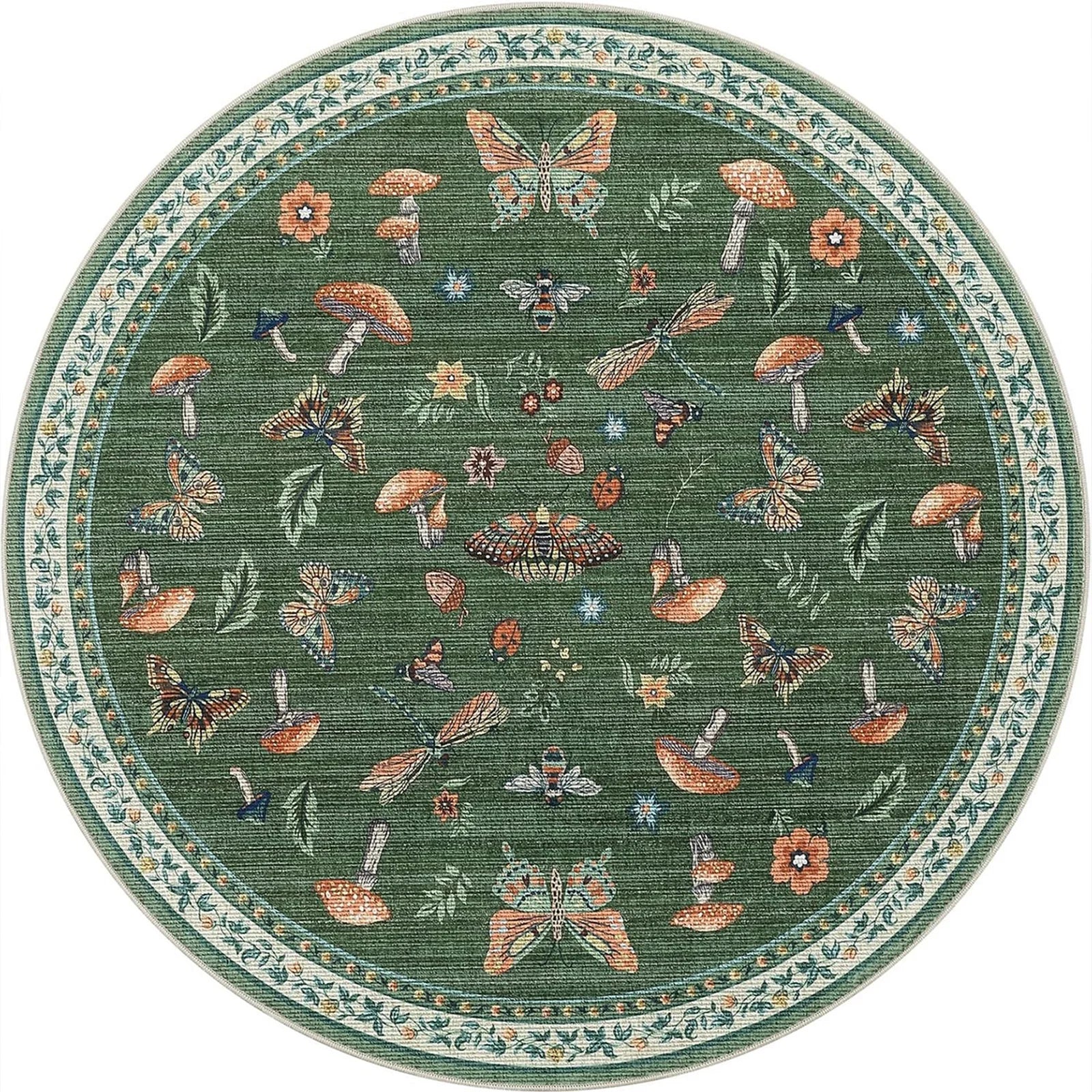 Navak Carpet Round Boho Floral Carpet - Vibrant Mushroom & Butterfly Print, Non-Slip Area Rug for Living Room/Bedroom, Nature-Inspired Decor