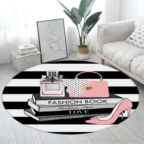 Navak Carpet Pink Floral Perfume Round Carpet Fashion Magazine Black and White Stripe Home Rugs Living Room Decor Girls Bedroom Rug Floor Mat
