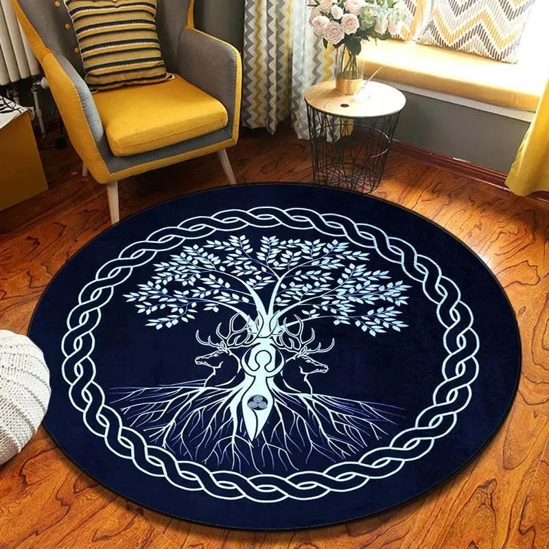 Navak Carpet World Tree Round Area Viking Norse Mythology Print Round Rug Living Room Bedroom Floor Mat Game Room