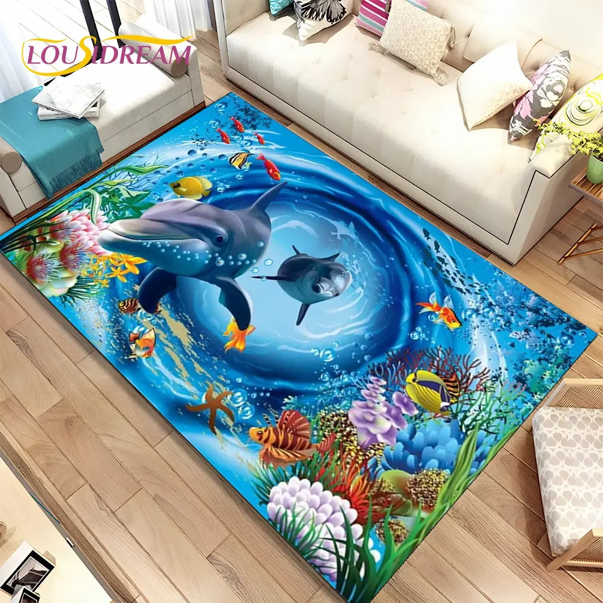 Navak Carpet 3D Illusion Seabed Underwater World Dolphin Shark Area Rug,Carpet Rug for Living Room Bedroom Sofa Doormat,Non-slip Floor Mat