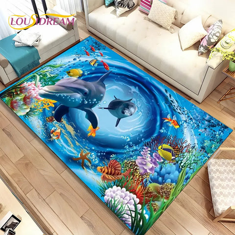 Navak Carpet 3D Illusion Seabed Underwater World Dolphin Shark Area Rug,Carpet Rug for Living Room Bedroom Sofa Doormat,Non-slip Floor Mat