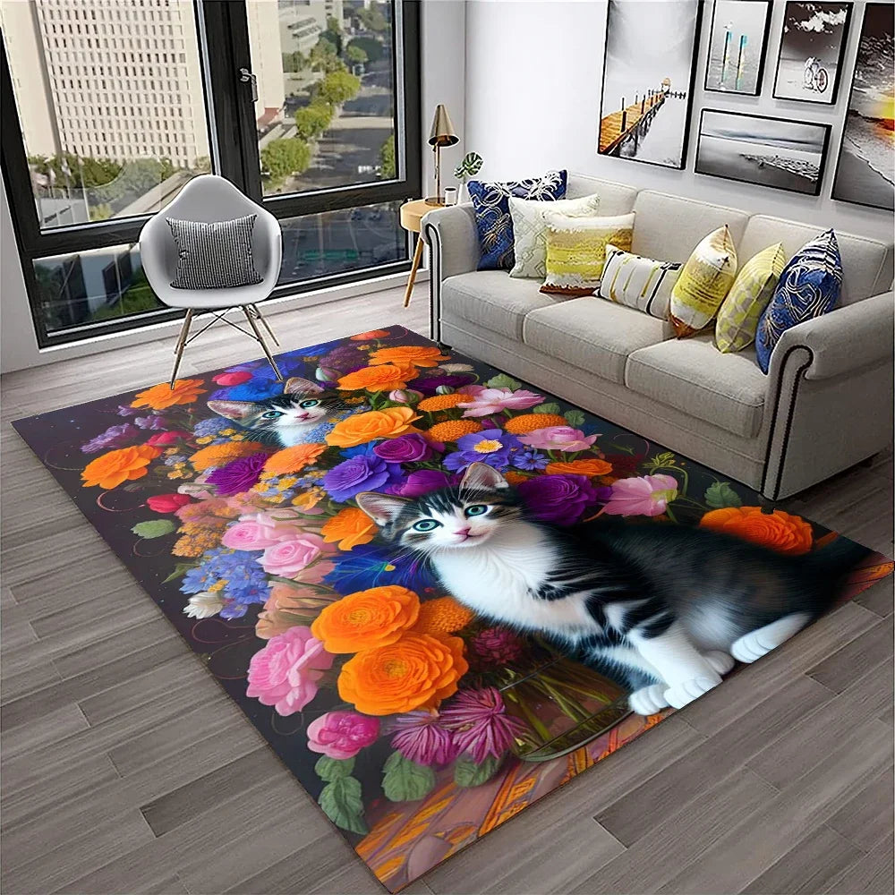 Navak Carpet 3D Cute Cat Flower Cartoon Carpet Rug for Home Living Room Bedroom Sofa Doormat Decor,Child Play Area Rug Non-slip Floor Mat